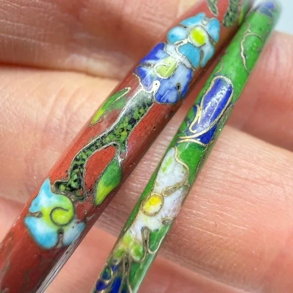Vintage Cloisonne Bracelet Set of 2 Enamel Green Red Flowers Clouds Size 7.5" - Picture 4 of 11